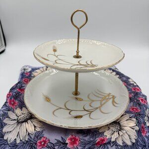 Lipper & Mann Two-Tier Plate Gold/Silver Wheat Pattern Party Dessert 1950's VTG